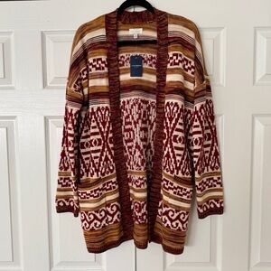 NWT Lucky Brand tribal patterned open front long line cardigan, size S